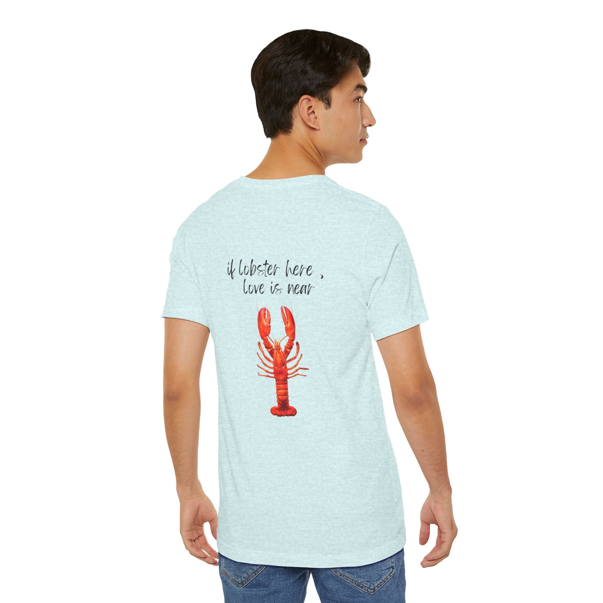 if lobster here love is near Graphic Tee, Casual Summer Shirt, Marine Life T-Shirt, Gift for Sea Lovers,  high quality